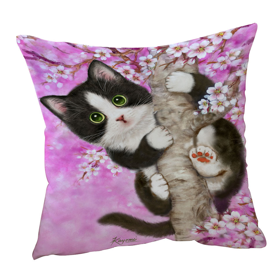Cute Black and White Kitten Cat on Cherry Blossom Throw Pillow
