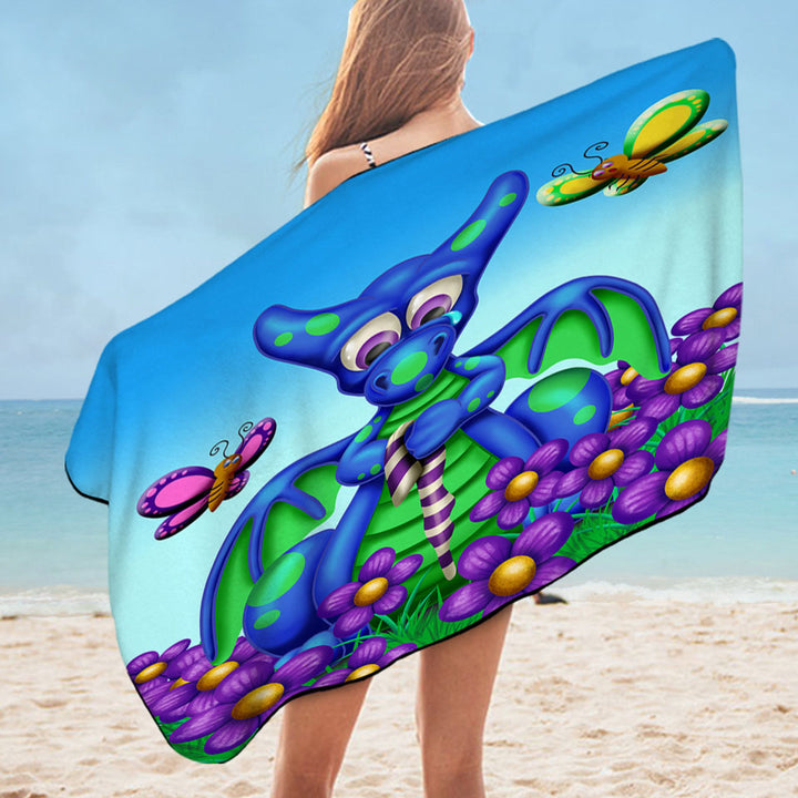 Cute Blue Dragon with Purple Flowers Kids Swimming Towels