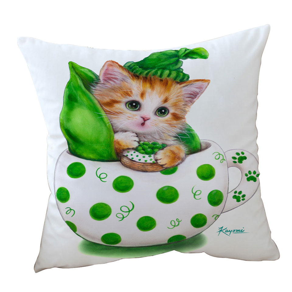 Cute Cat Art Drawings the Peapod Cup Kitten Throw Pillow and Cushion Cover