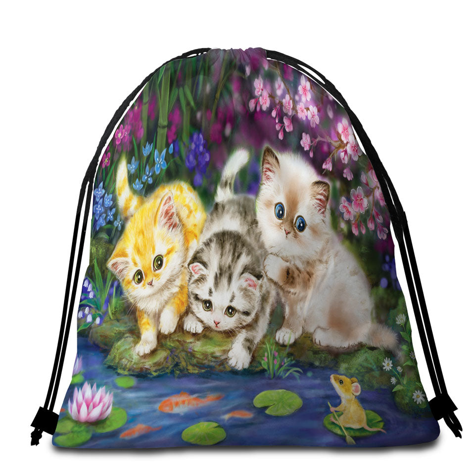 Cute Cat Art Three Kittens in Japanese Garden Beach Bags and Towels