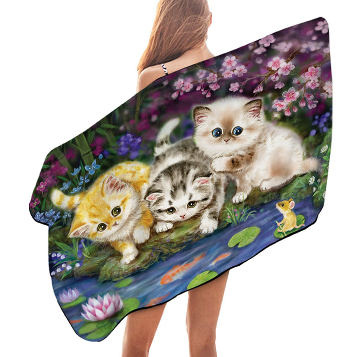Cute Cat Art Three Kittens in Japanese Garden Beach Towels