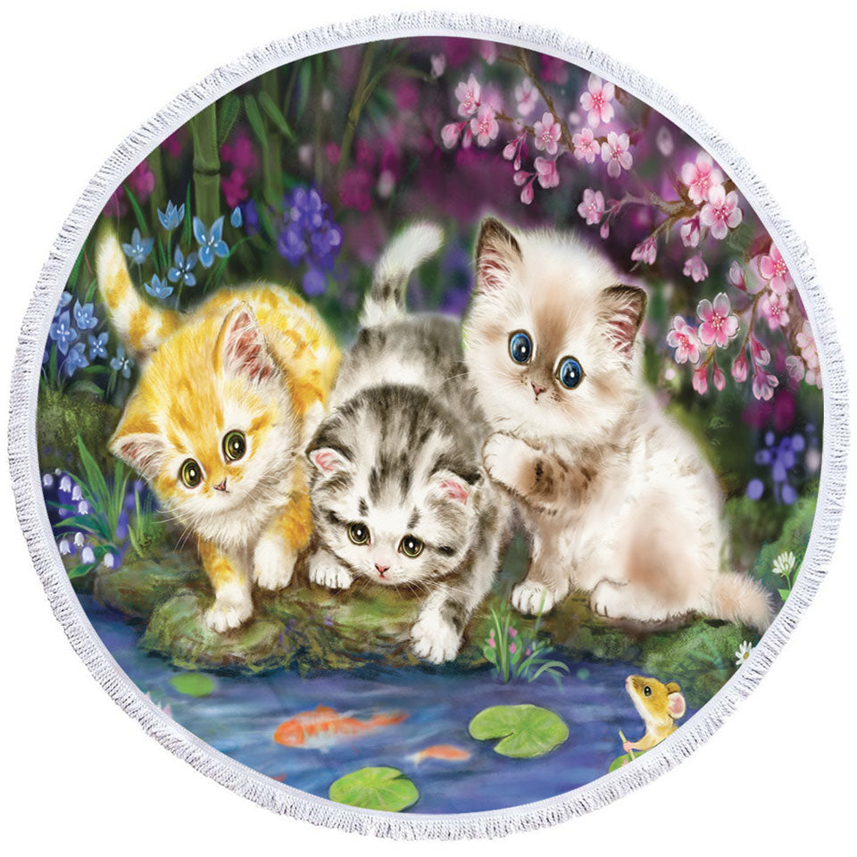 Cute Cat Art Three Kittens in Japanese Garden Round Beach Towel