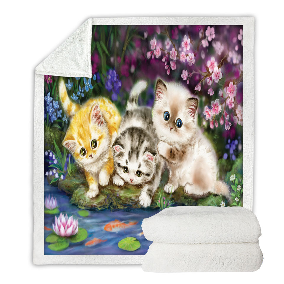 Cute Cat Art Three Kittens in Japanese Garden Throw Blanket