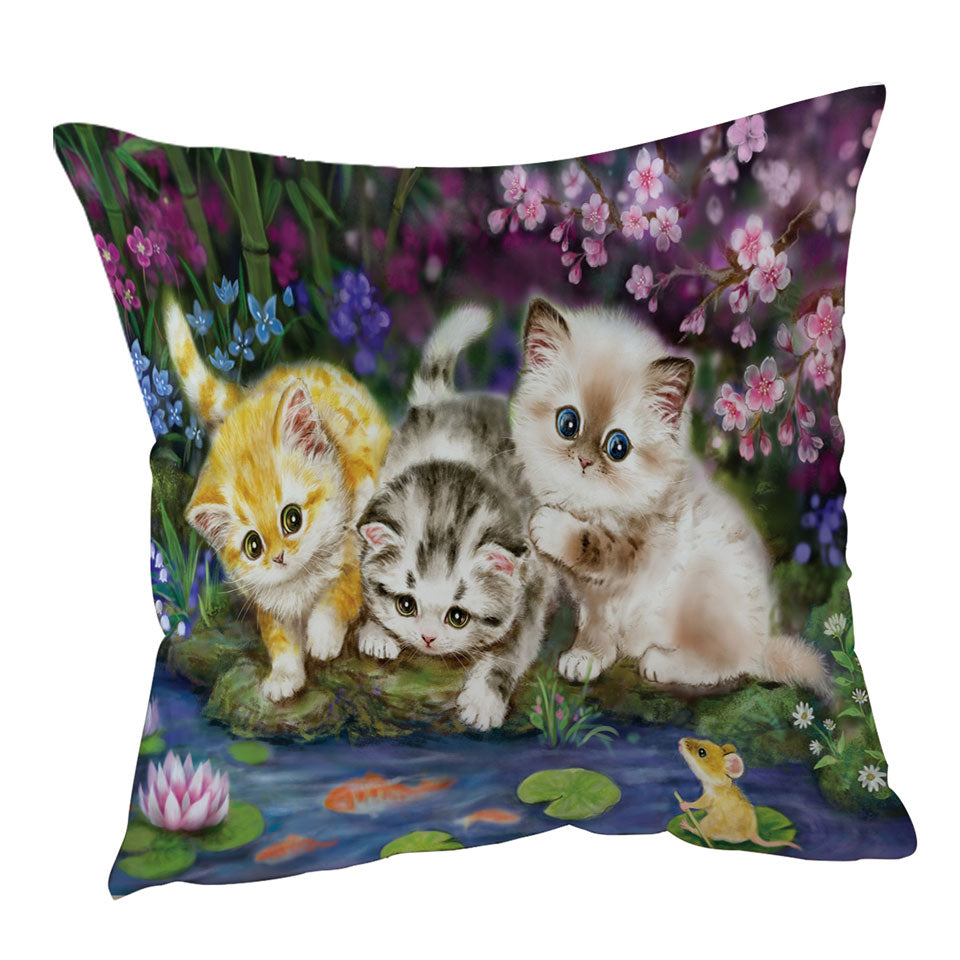 Cute Cat Art Three Kittens in Japanese Garden Throw Pillow
