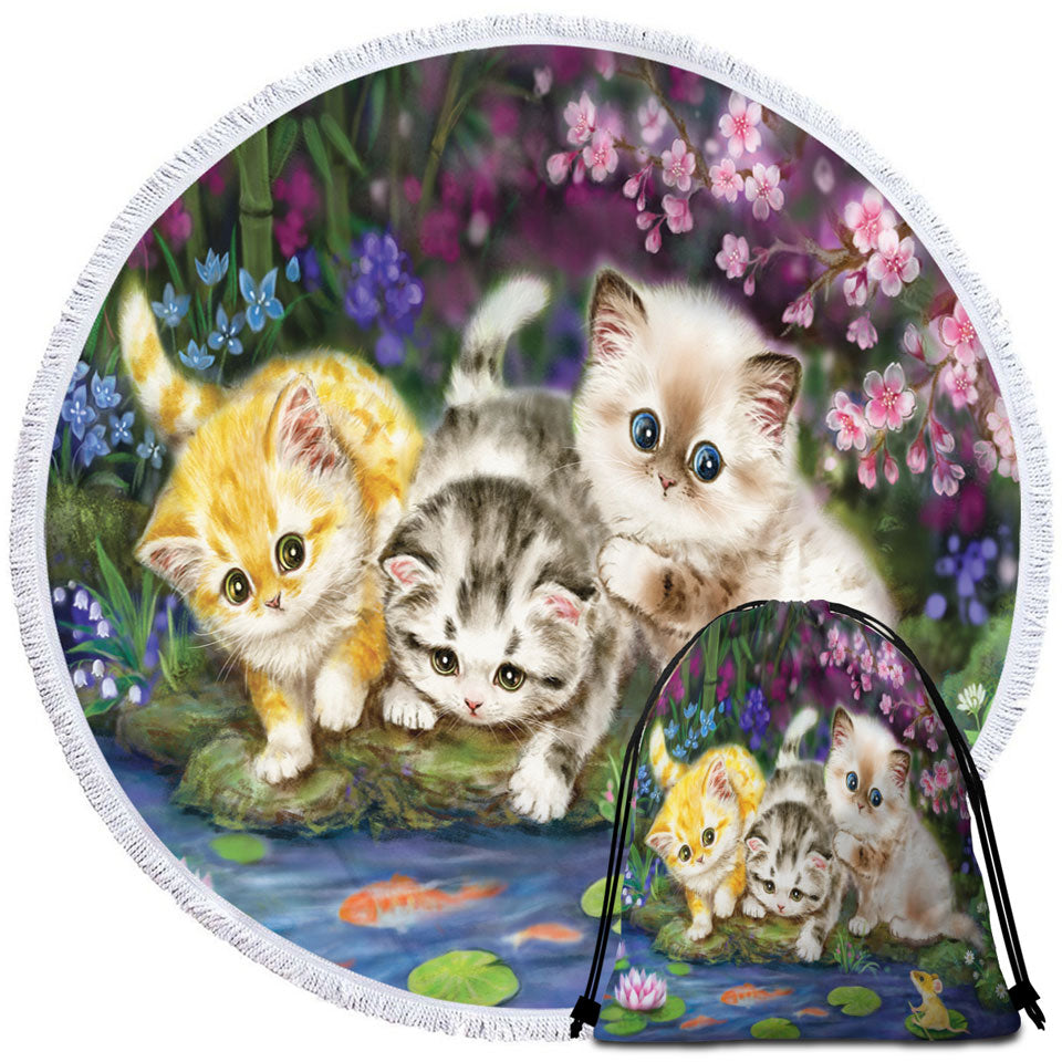 Cute Cat Art Three Kittens in Japanese Garden Travel Beach Towel