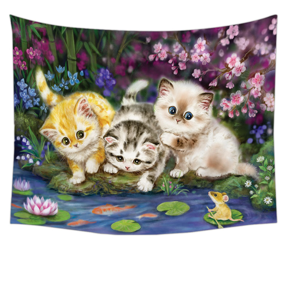 Cute Cat Art Three Kittens in Japanese Garden Wall Decor Tapestries