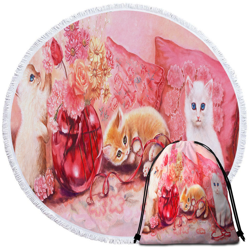 Cute Cat Art the Three Adorable Kittens Round Beach Towel