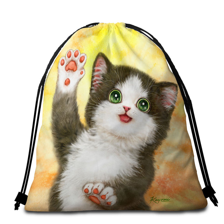 Cute Cat Beach Towel Bags Hi Five Black White Kitten