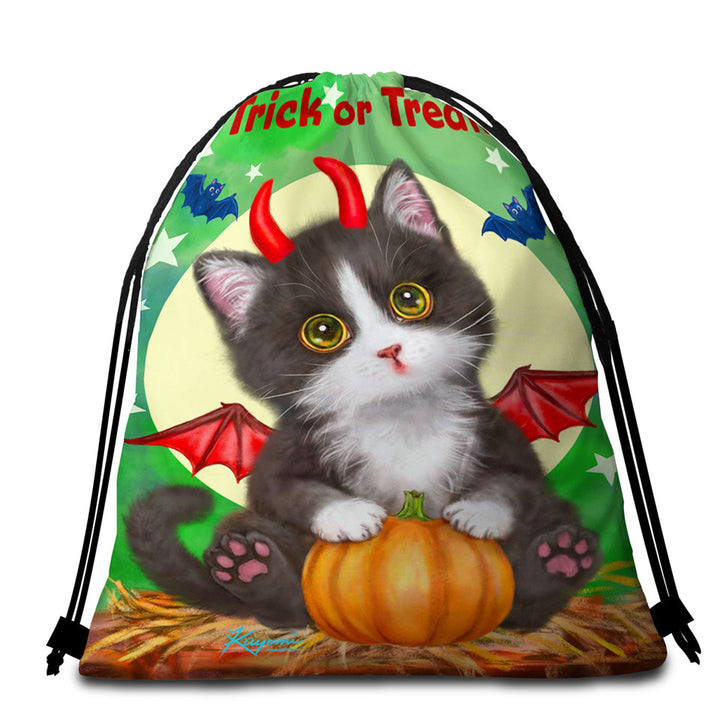 Cute Cat Design Beach Towel Bags for Halloween Devil Kitten