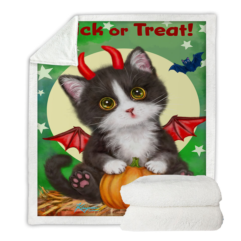 Cute Cat Design Sherpa Blanket for Halloween Devil Kitten