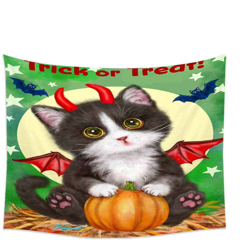 Cute Cat Design Wall Decor for Halloween Devil Kitten Tapestry