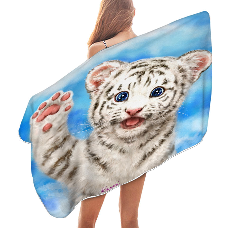 Cute Cat Designs Hi Five White Tiger Cub Beach Towels