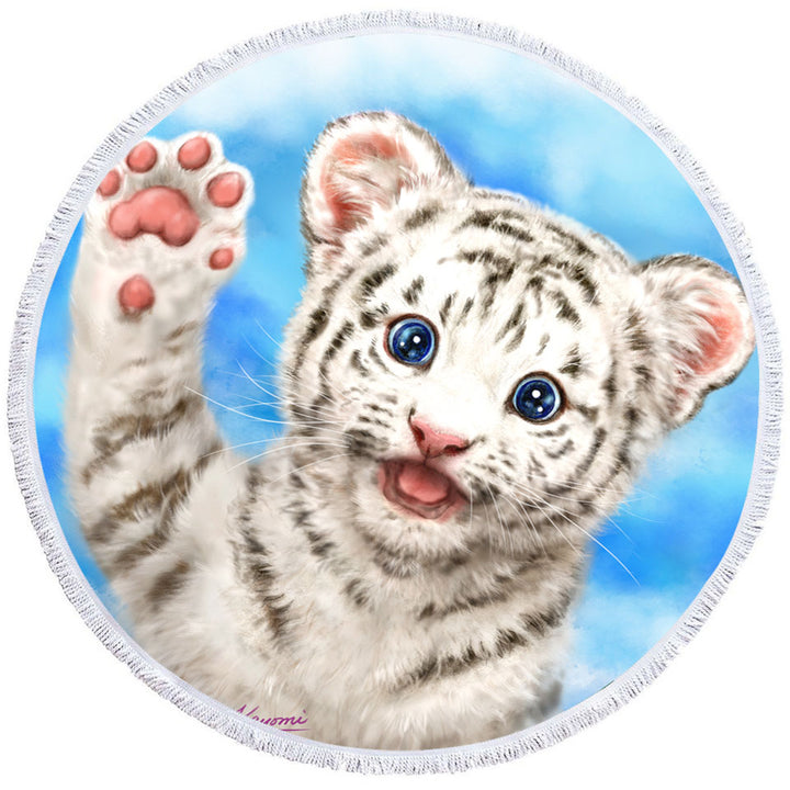 Cute Cat Designs Hi Five White Tiger Cub Circle Beach Towel