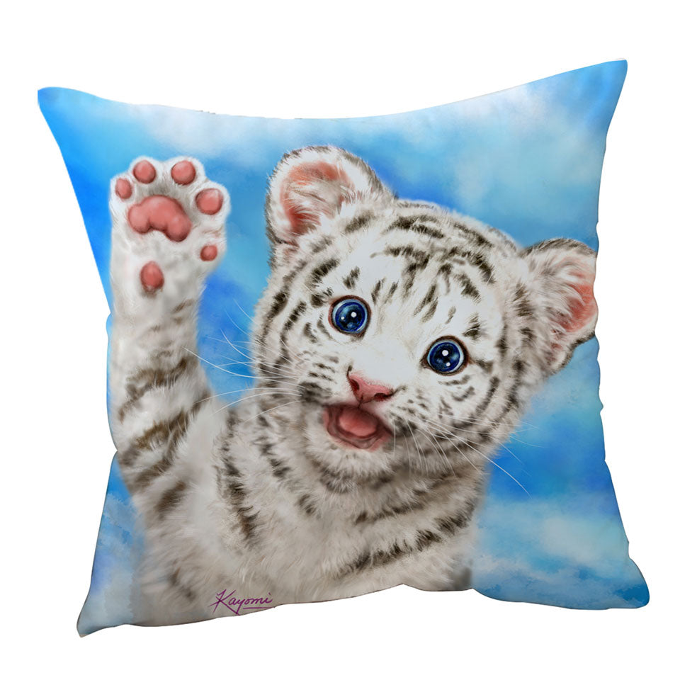 Cute Cat Designs Hi Five White Tiger Cub Cushion Cover