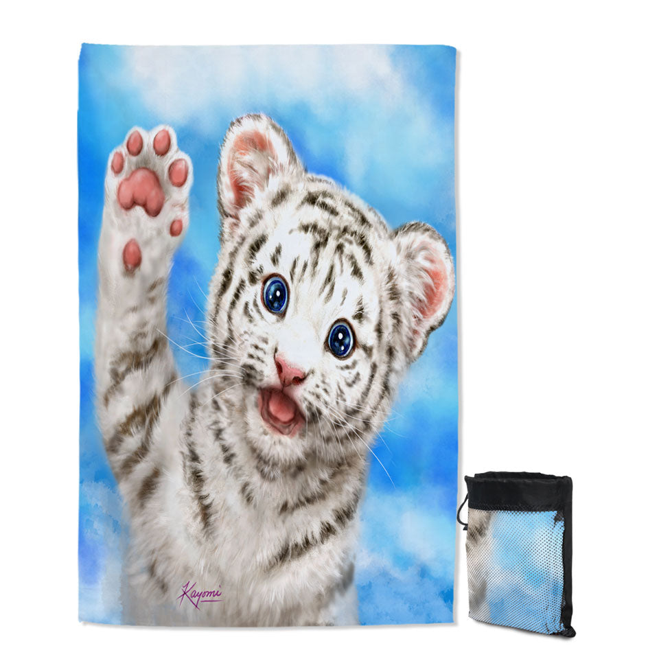 Cute Cat Designs Hi Five White Tiger Cub Lightweight Beach Towel