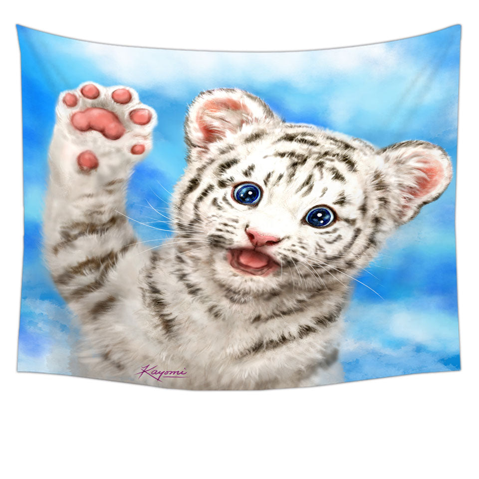 Cute Cat Designs Hi Five White Tiger Cub Tapestry Wall Decor