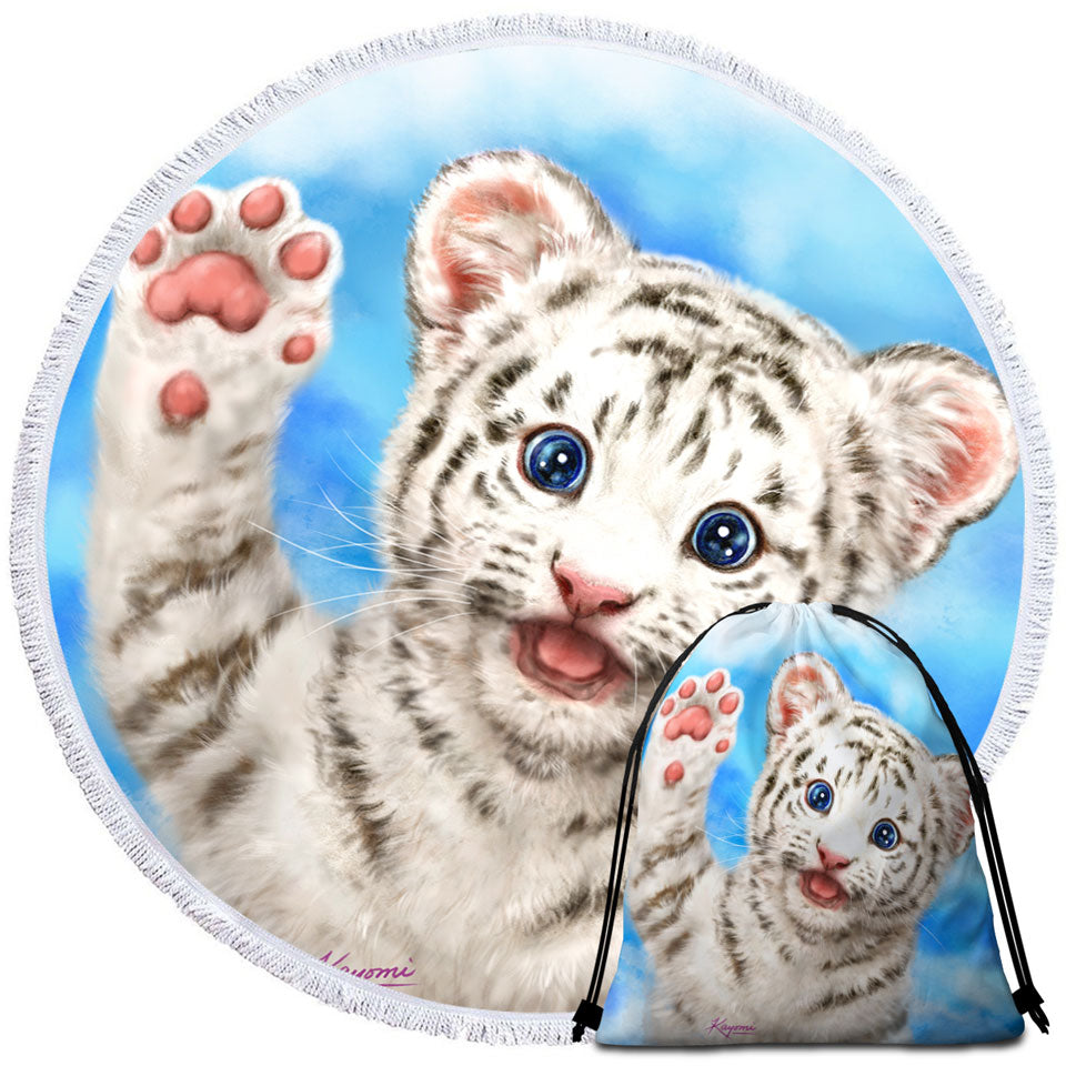 Cute Cat Designs Hi Five White Tiger Cub Unique Beach Towels