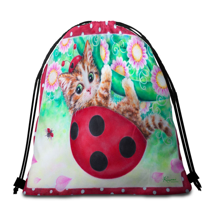 Cute Cat Drawings Beach Towel Bags for Kids Ladybug Kitty