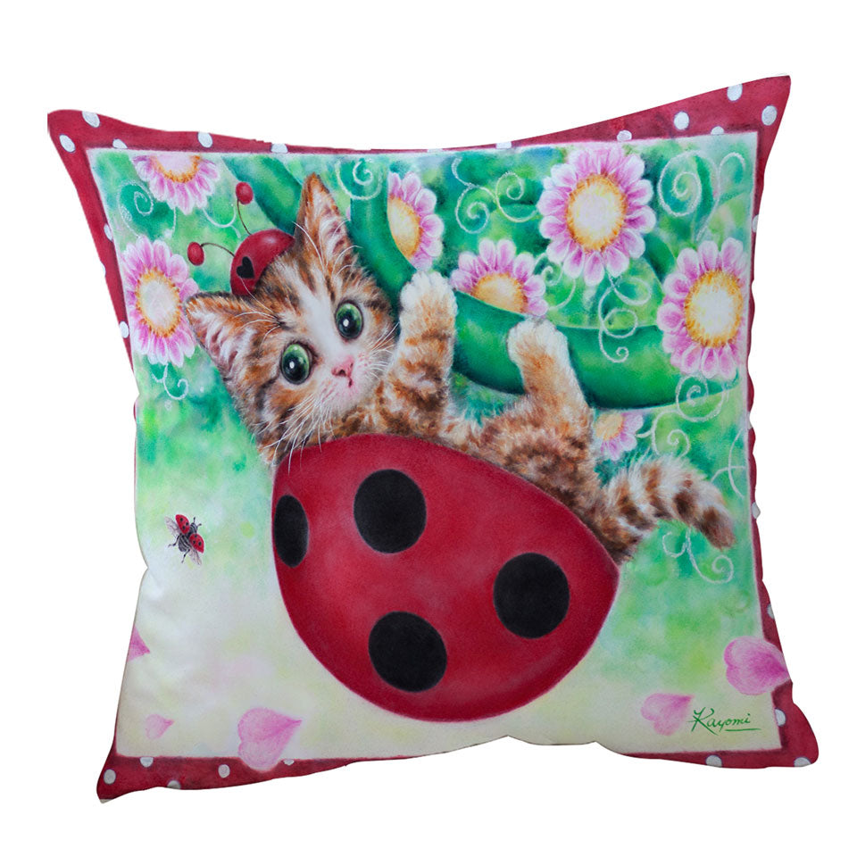 Cute Cat Drawings Decorative Cushions for Kids Ladybug Kitty