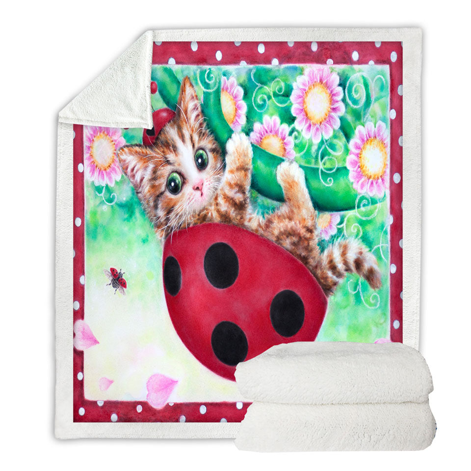 Cute Cat Drawings Lightweight Blankets for Kids Ladybug Kitty