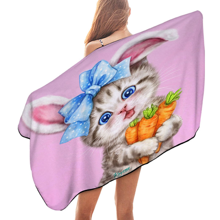 Cute Cat Drawings Pool Towel for Kids the Rabbit Kitten