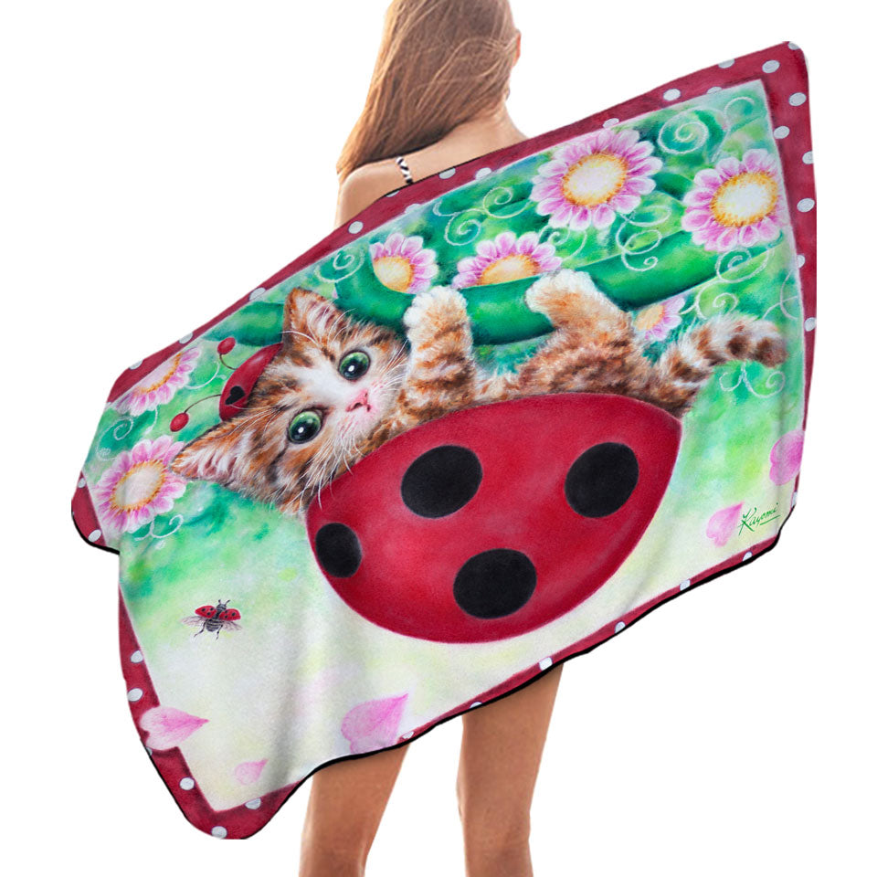 Cute Cat Drawings Pool Towels for Kids Ladybug Kitty