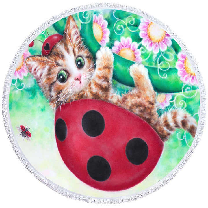 Cute Cat Drawings Round Beach Towel for Kids Ladybug Kitty