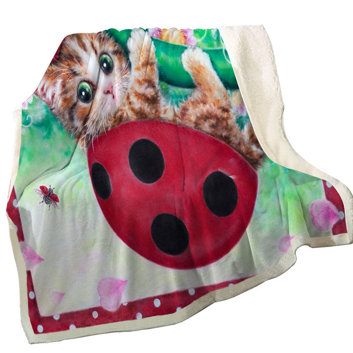 Cute Cat Drawings Throws for Kids Ladybug Kitty