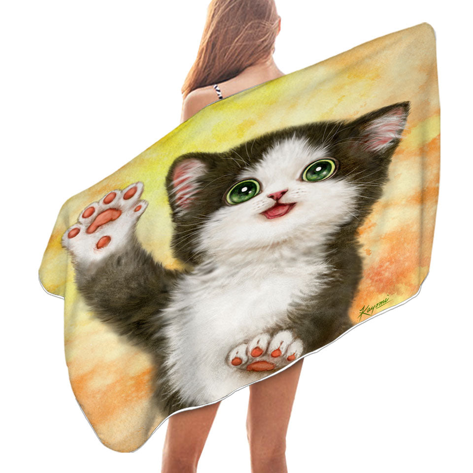 Cute Cat Microfiber Beach Towel Hi Five Black White Kitten