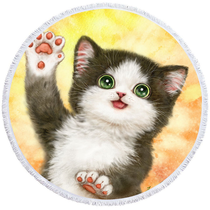 Cute Cat Round Beach Towel Hi Five Black White Kitten