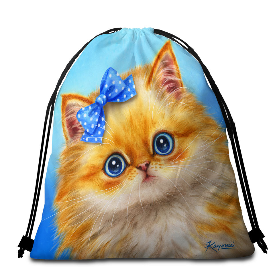Cute Cats Adorable Blue Ribbon Kitten Beach Towel Bags