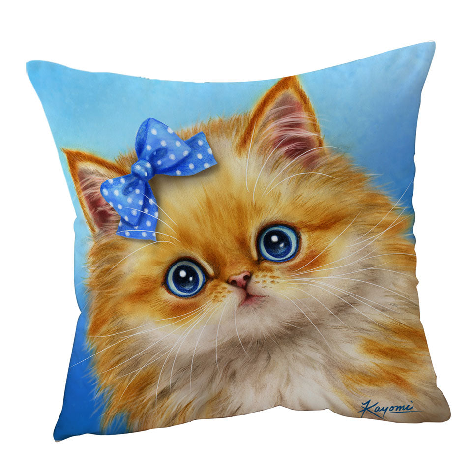 Cute Cats Adorable Blue Ribbon Kitten Cushion Cover