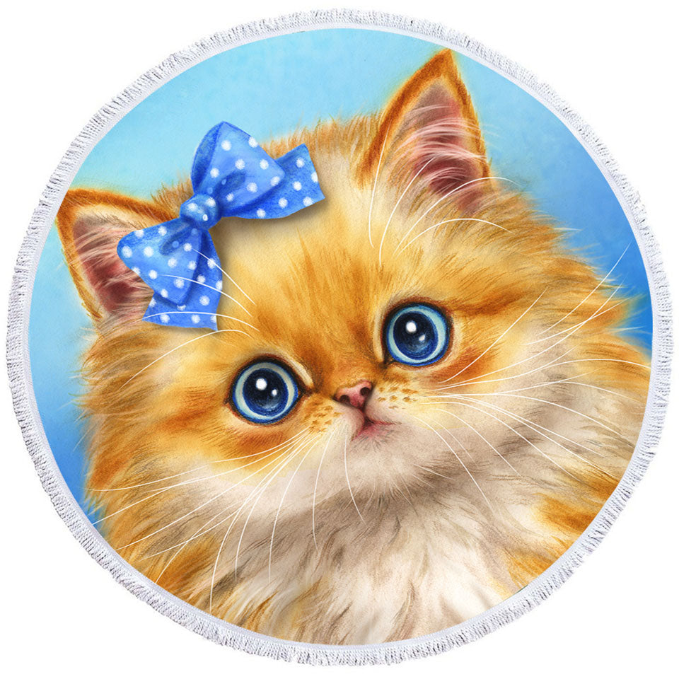 Cute Cats Adorable Blue Ribbon Kitten Round Beach Towel