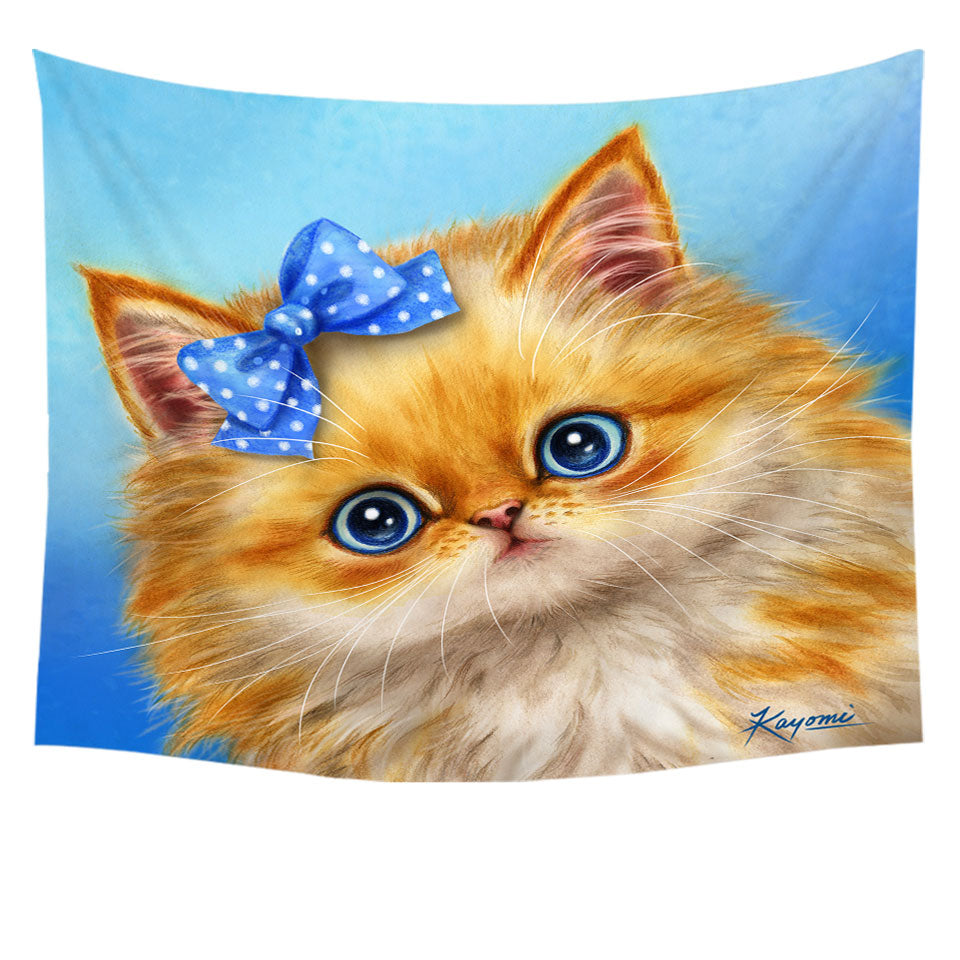 Cute Cats Adorable Blue Ribbon Kitten Tapestry