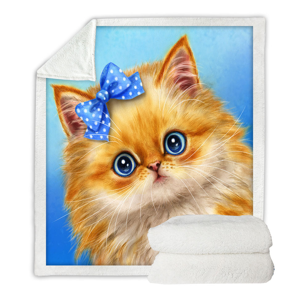 Cute Cats Adorable Blue Ribbon Kitten Throw Blanket