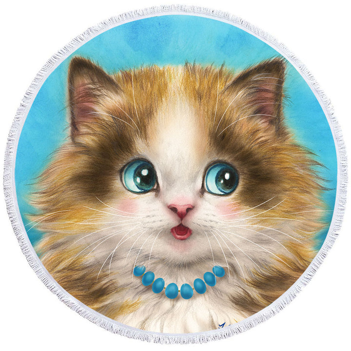 Cute Cats Art Girly Circle Beach Towel with Kitten Blushing