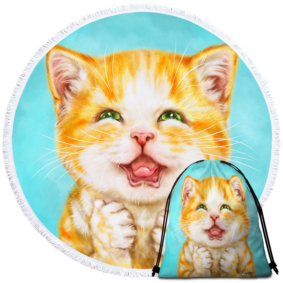 Cute Cats Art Joyful Ginger Kitten Beach Towels and Bags Set