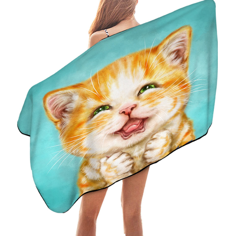 Cute Cats Art Joyful Ginger Kitten Microfiber Beach Towel