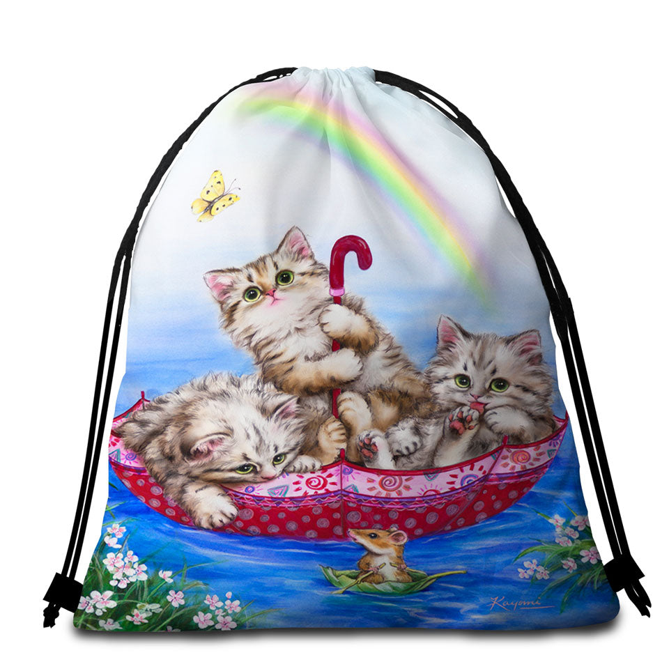 Cute Cats Beach Towels and Bags Set for Kids Three Kittens in the Lake