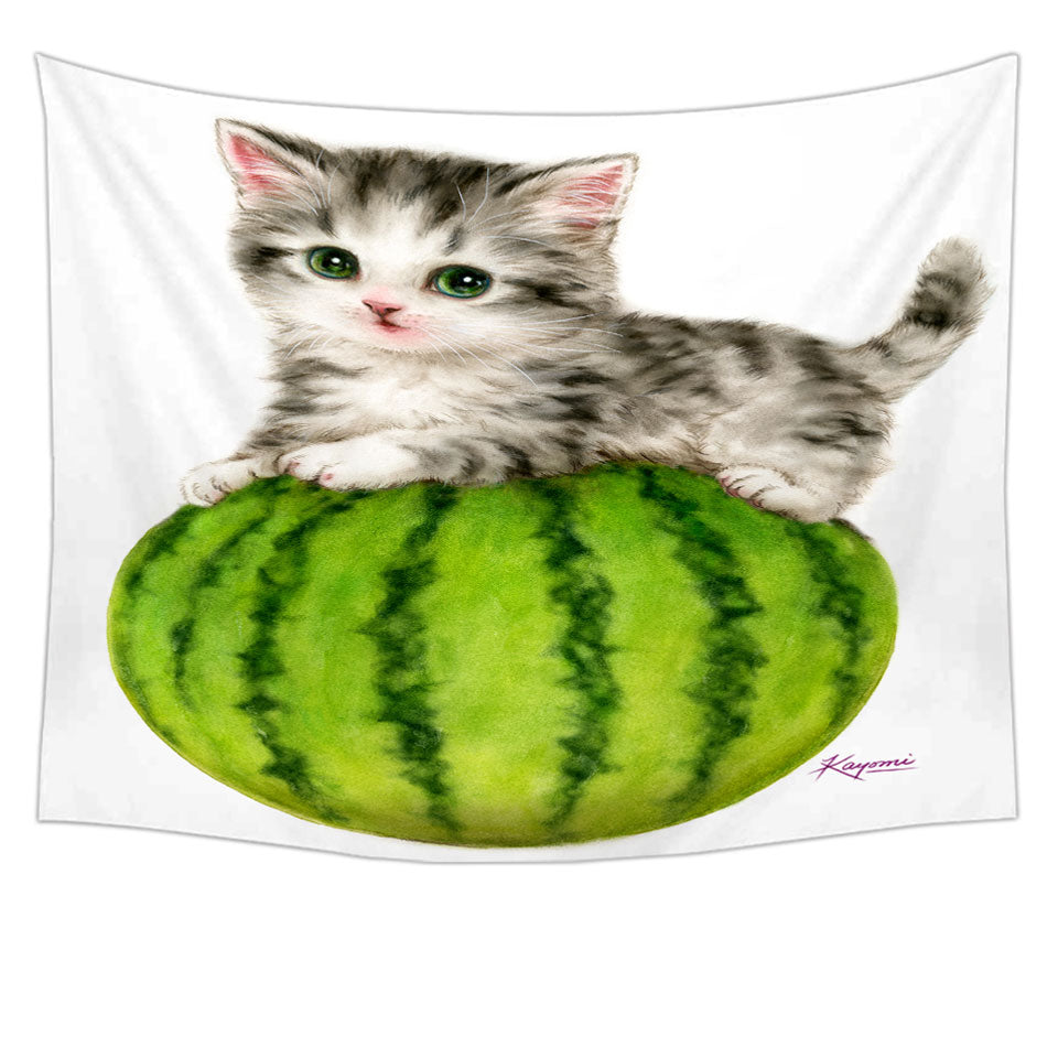 Cute Cats Drawing Watermelon Kitten Tapestry