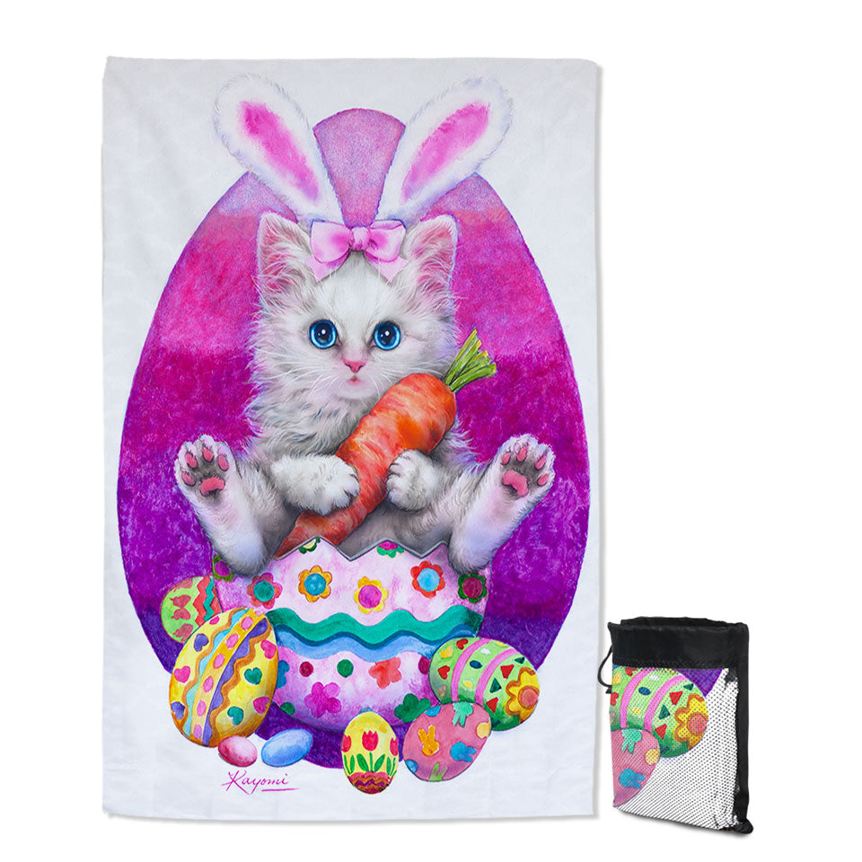 Cute Cats Easter Beach Towels Bunny Kitten Eating Carrot