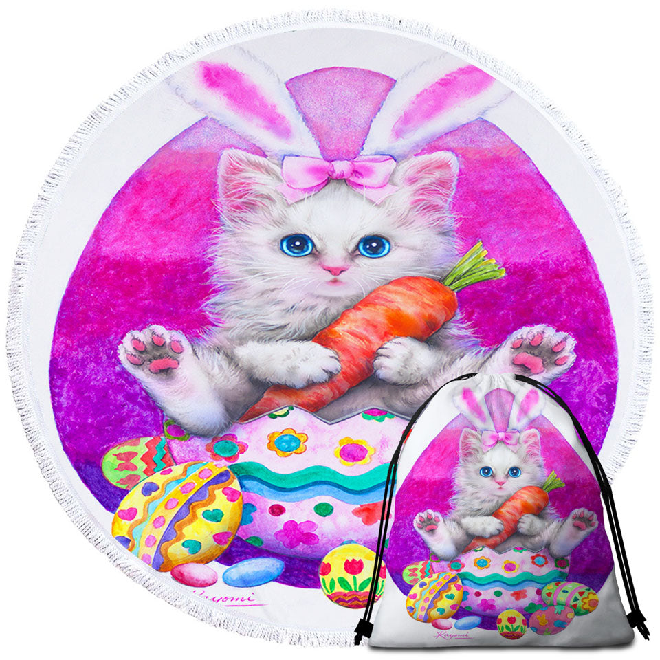 Cute Cats Easter Round Beach Towel Bunny Kitten Eating Carrot