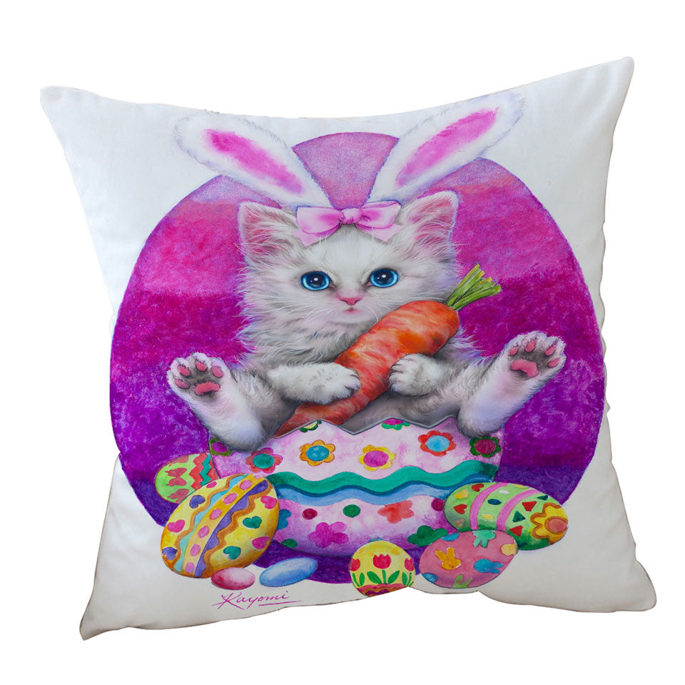 Cute Cats Easter Throw Pillows with Bunny Kitten Eating Carrot