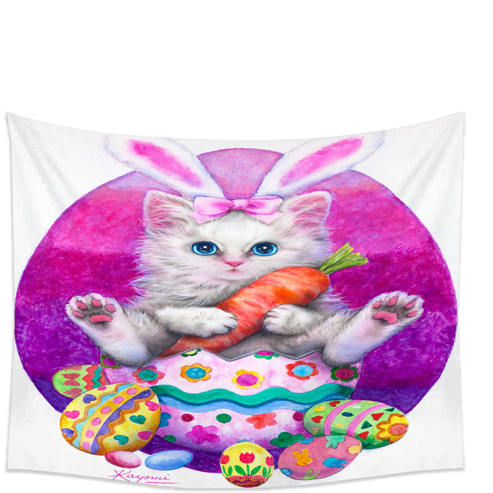 Cute Cats Easter Wall Decor Tapestries Bunny Kitten Eating Carrot