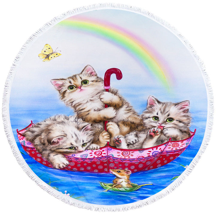 Cute Cats Round Beach Towels for Kids Three Kittens in the Lake