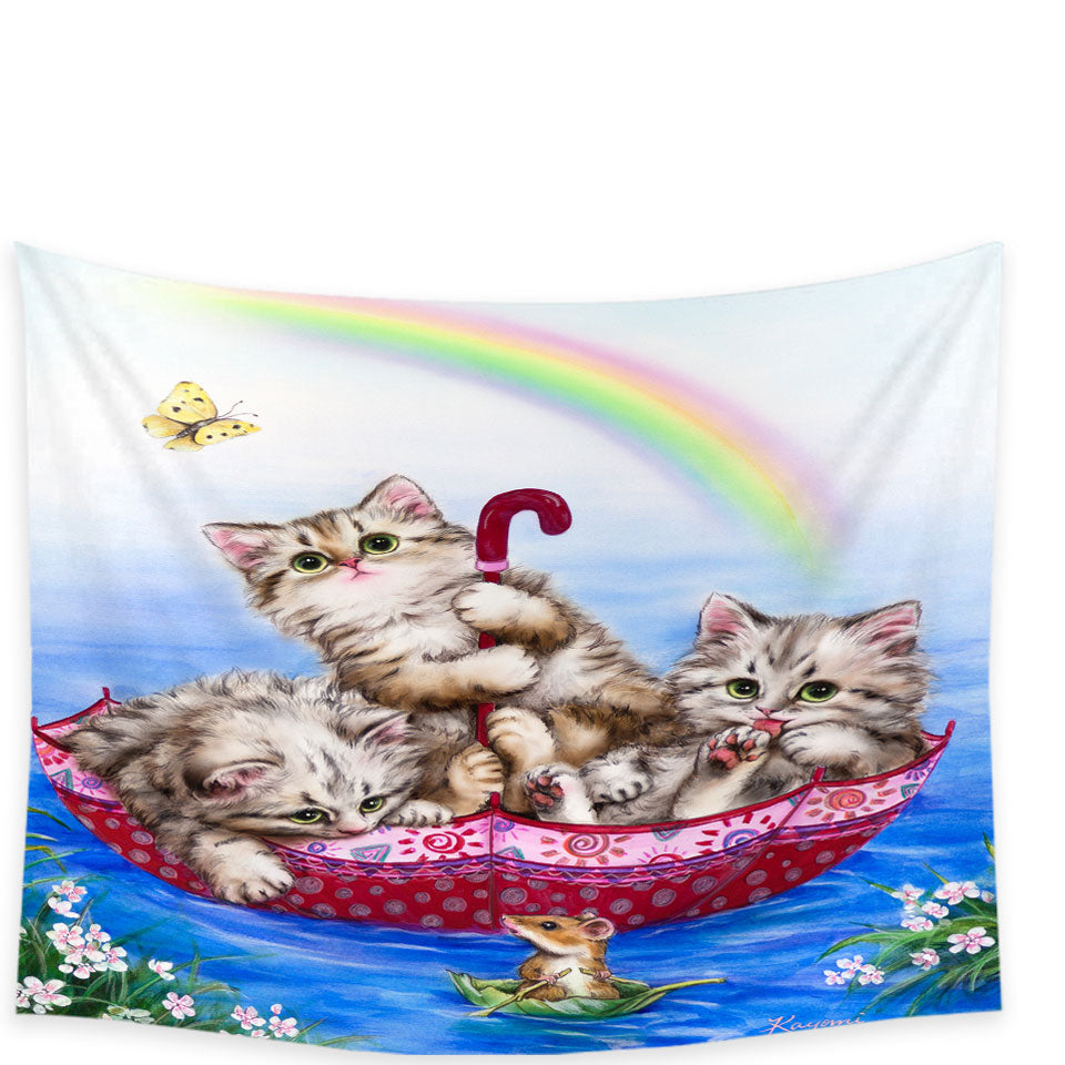 Cute Cats Wall Decor Tapestries for Kids Three Kittens in the Lake