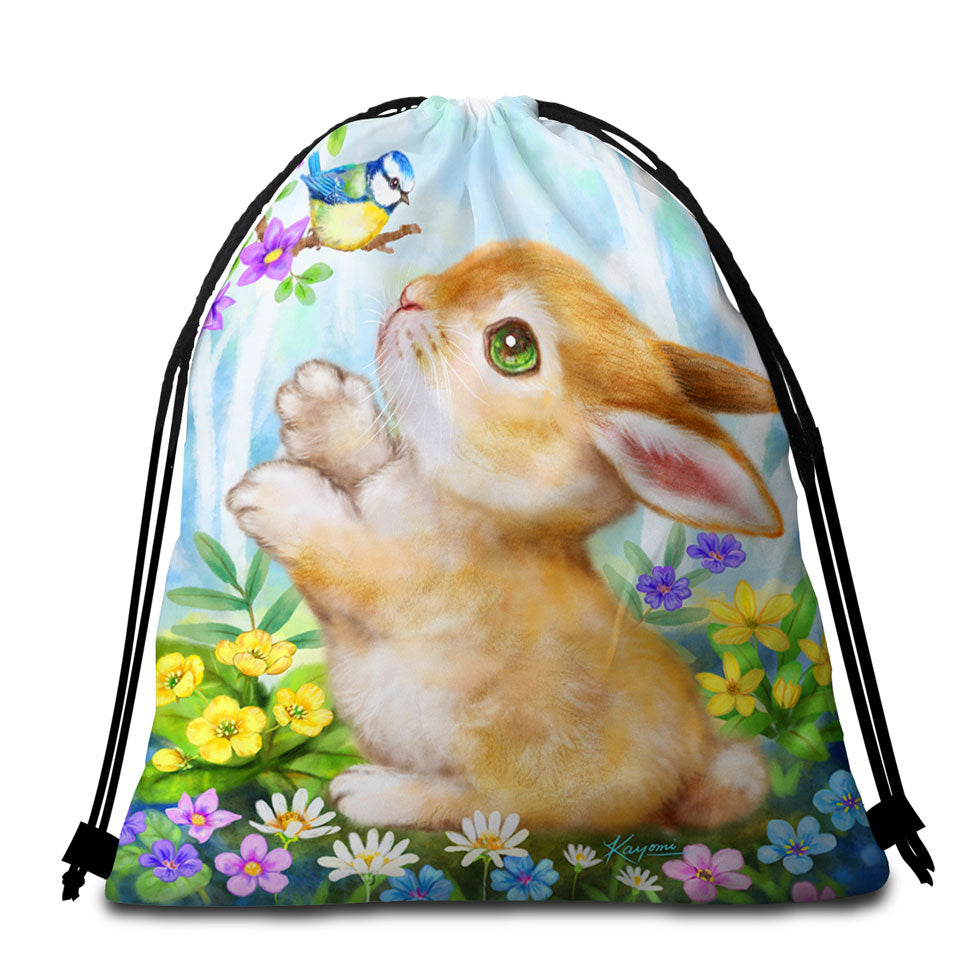 Cute Children Beach Towel Pack Art Designs Flowers Bunny and Bird