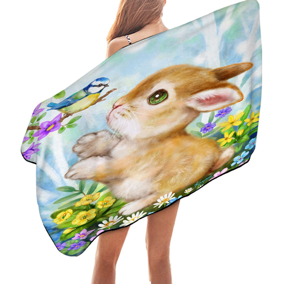Cute Children Beach Towels Art Designs Flowers Bunny and Bird
