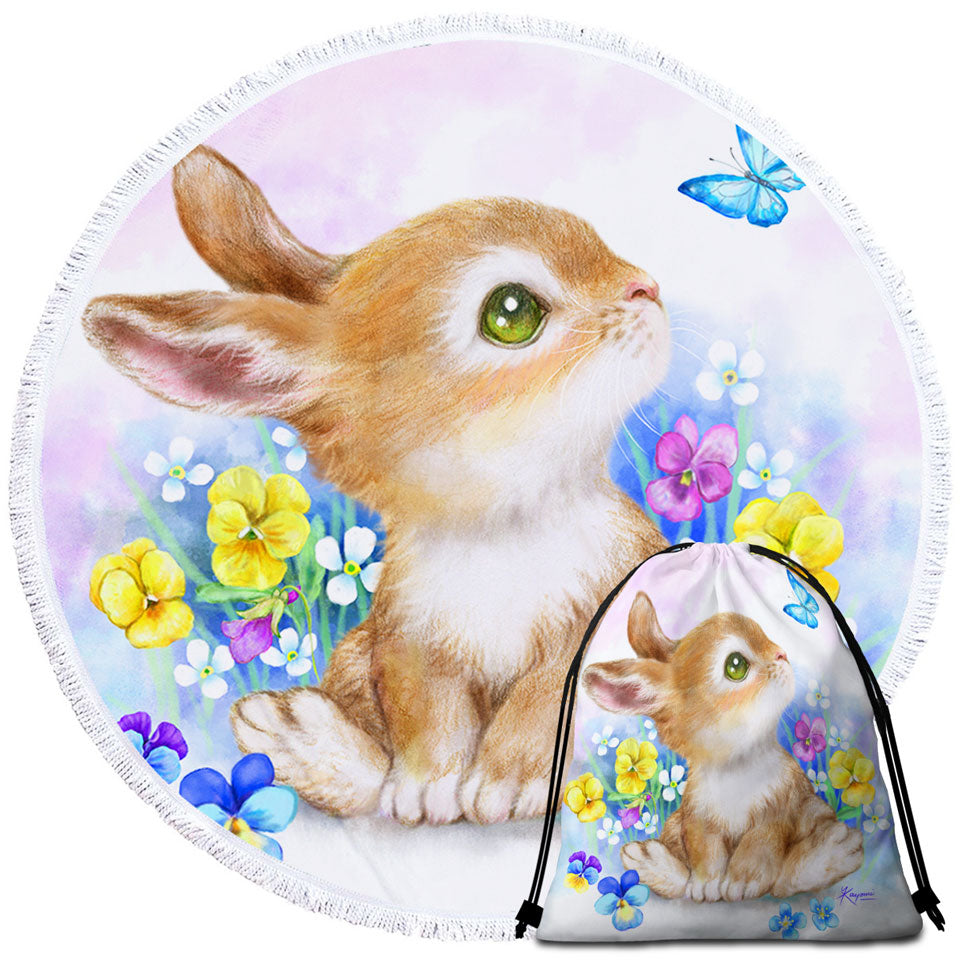Cute Children Beach Towels and Bags Set Art Designs Flowers Bunny and Butterfly