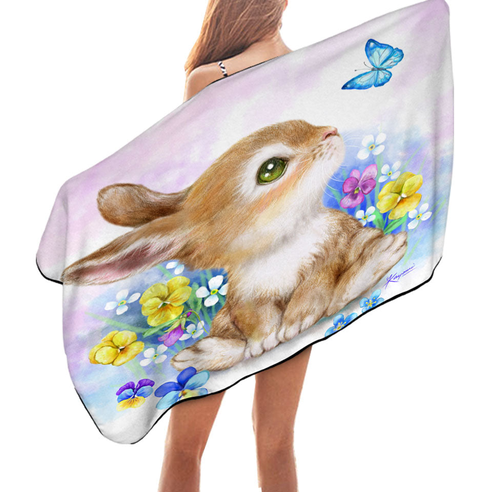 Cute Children Microfiber Beach Towels Art Designs Flowers Bunny and Butterfly